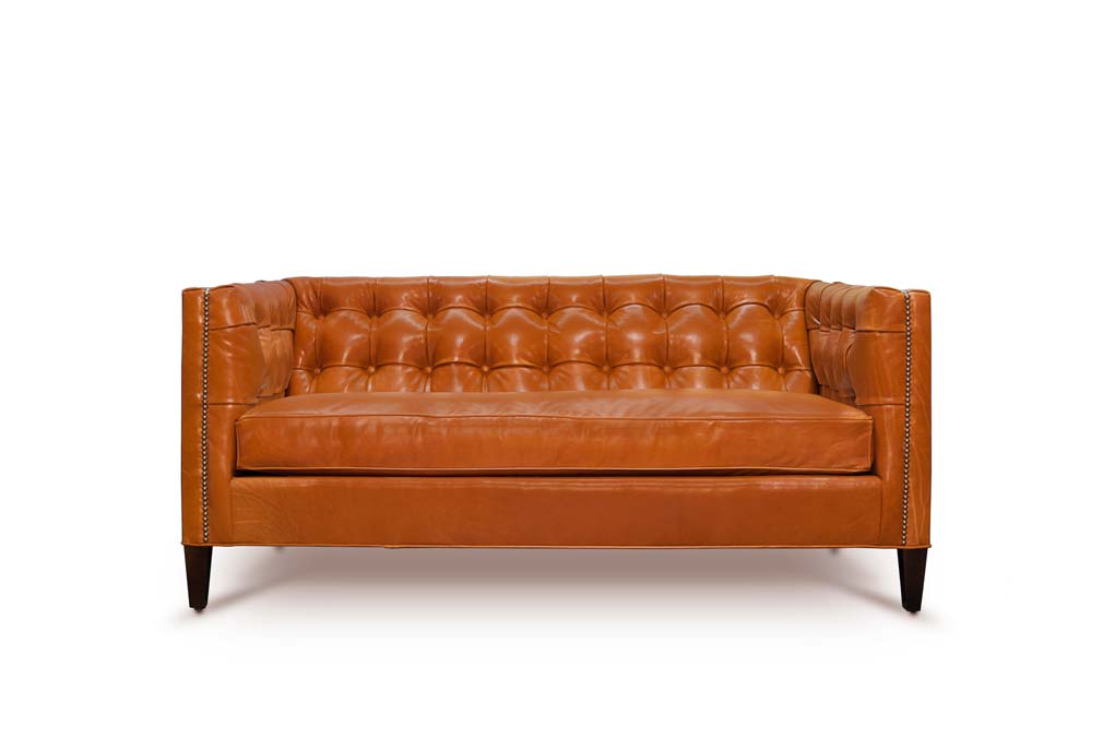 Dylan Mid-Century Orange Leather Tufted Tuxedo Sofa