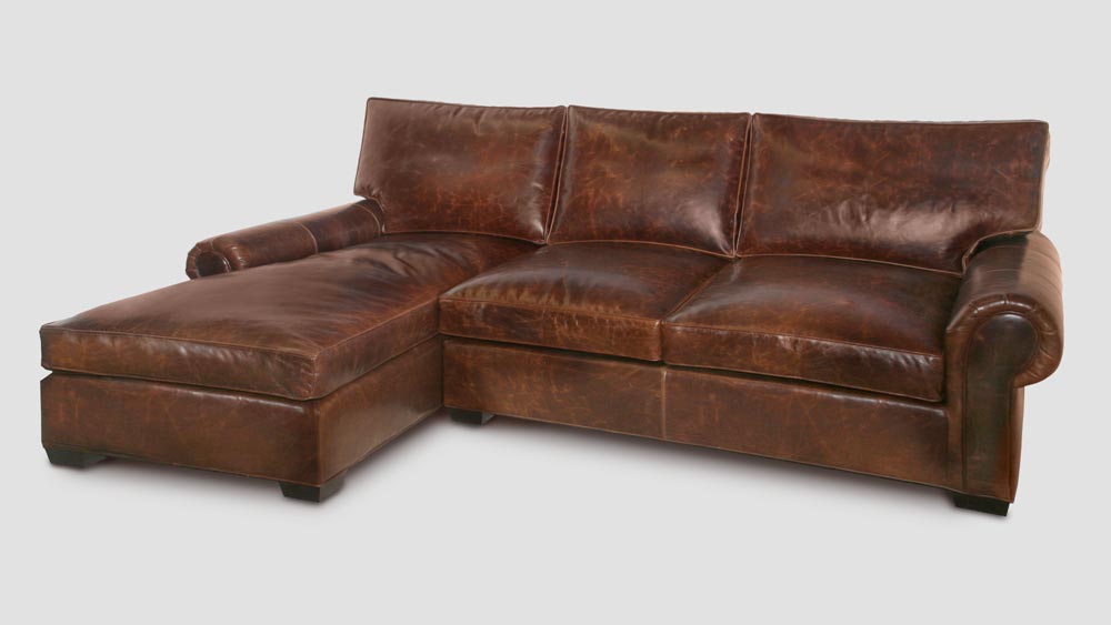 Roosevelt Chaise Sectional Roll Arm Lawson Style Sofa in Brompton Brown Leather