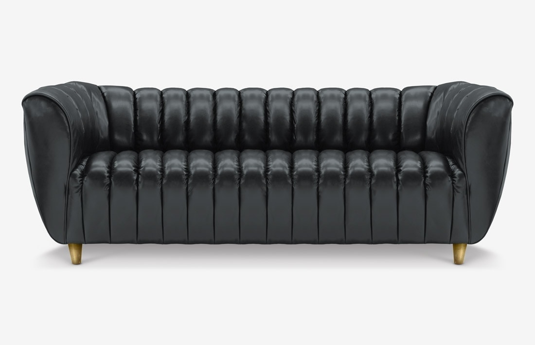 Hughes Art Deco Sofa in Jet Black Leather