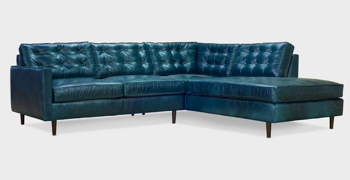 Redding Blue Leather Mid-Century Sectional