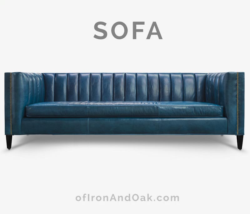 Channel Tufted Tuxedo Blue Leather Sofa, Blue Leather Sofa Bed