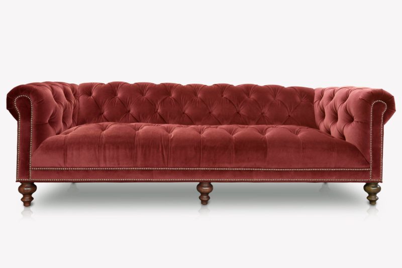Wright Tufted-Seat Chesterfield Sofa In Vintage Brick Colored Velvet