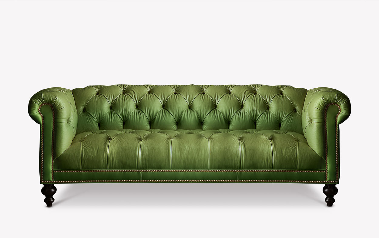 Fitzgerald Green Leather Chesterfield Sofa with Tufted Seat