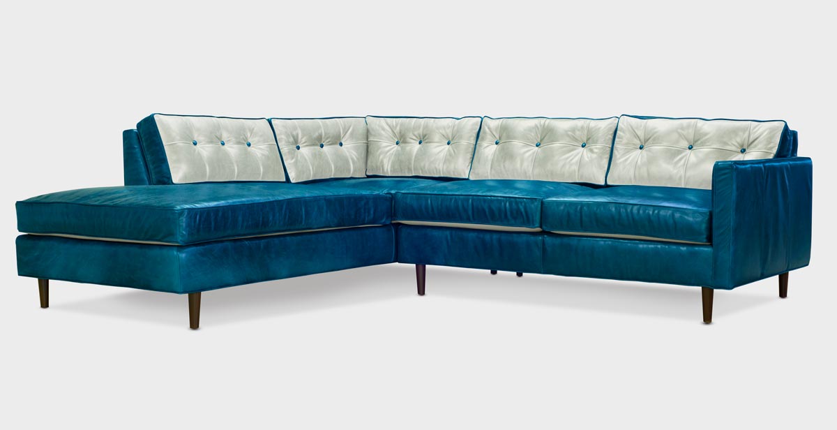 Jack Blue Leather Mid-Century Low Profile Knoll Style Sectional
