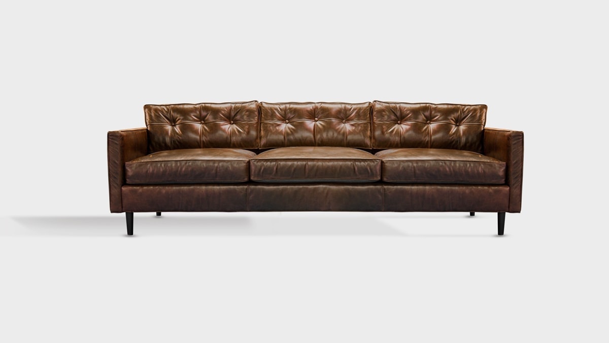Jack Cigar Leather Mid-Century Low Profile Knoll Style Sofa
