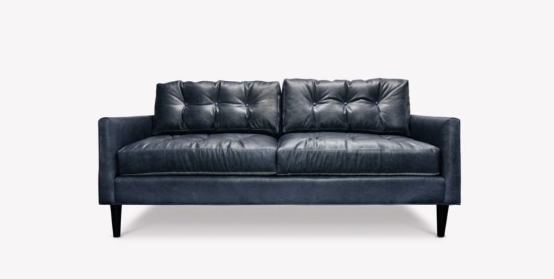 Jack Navy Blue Leather Mid-Century Low Profile Knoll Style Loveseat