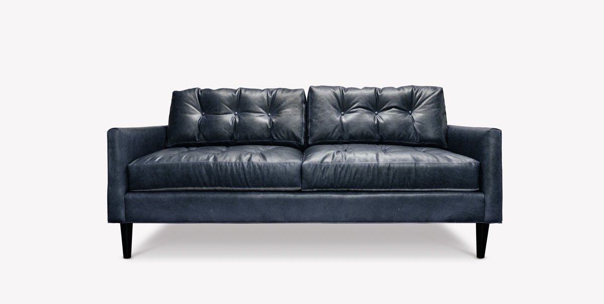Jack Navy Blue Leather Mid-Century Low Profile Knoll Style Loveseat