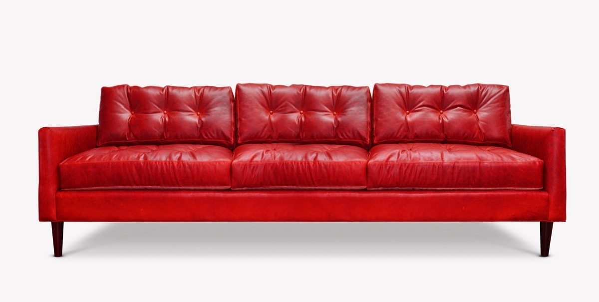 Jack Red Leather Mid-Century Low Profile Knoll Style Sofa in Mont Blanc Crimson