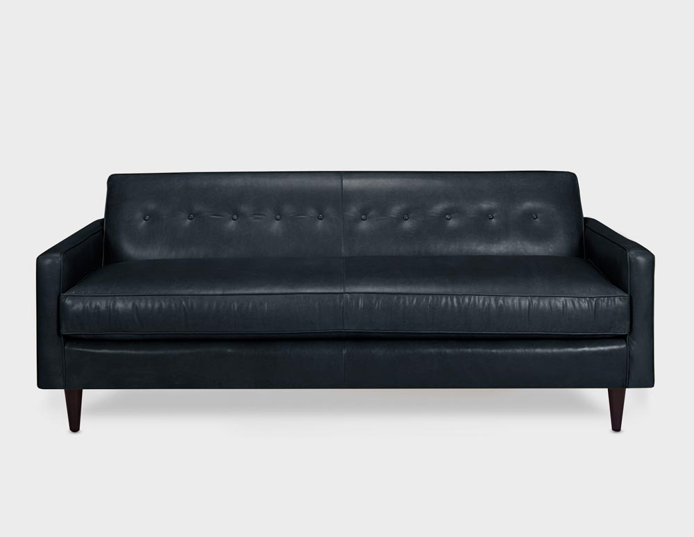 Jack Tight Back Black Leather Mid-Century Low Profile Knoll Style Sofa