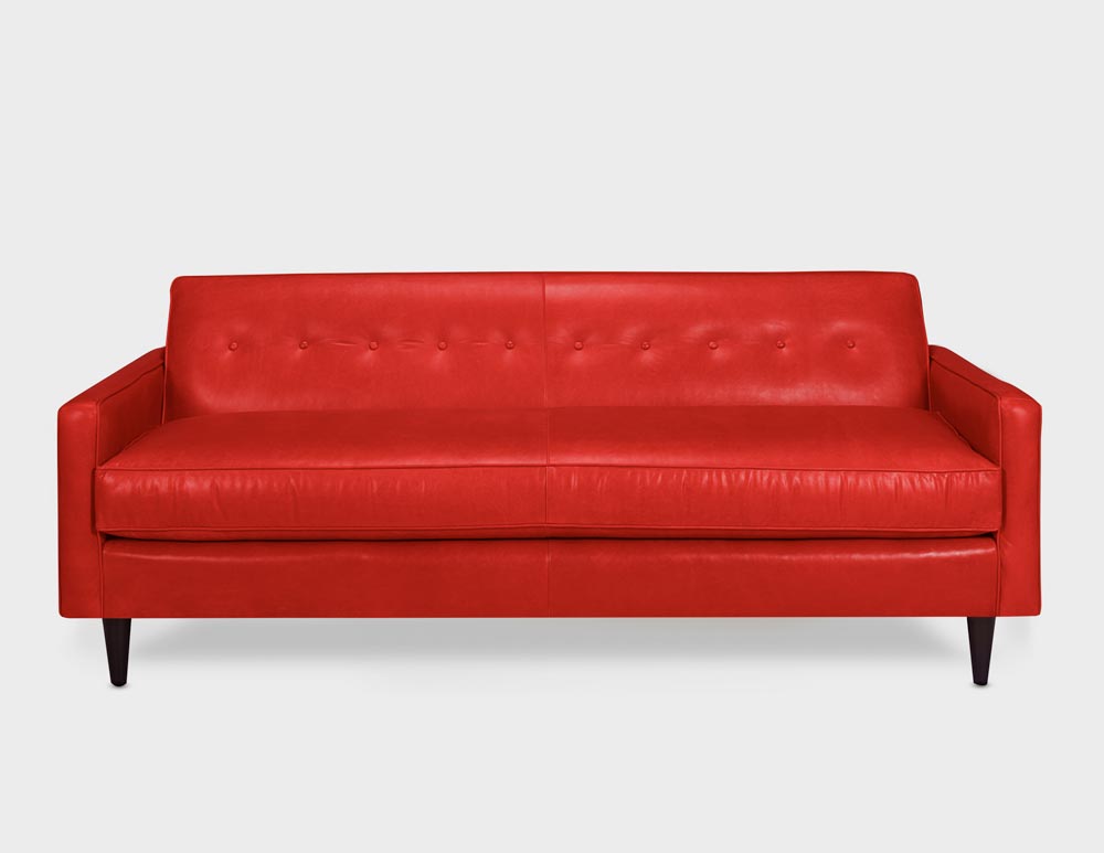 Jack Tight Back Red Leather Mid-Century Low Profile Knoll Style Sofa in Mont Blanc Crimson