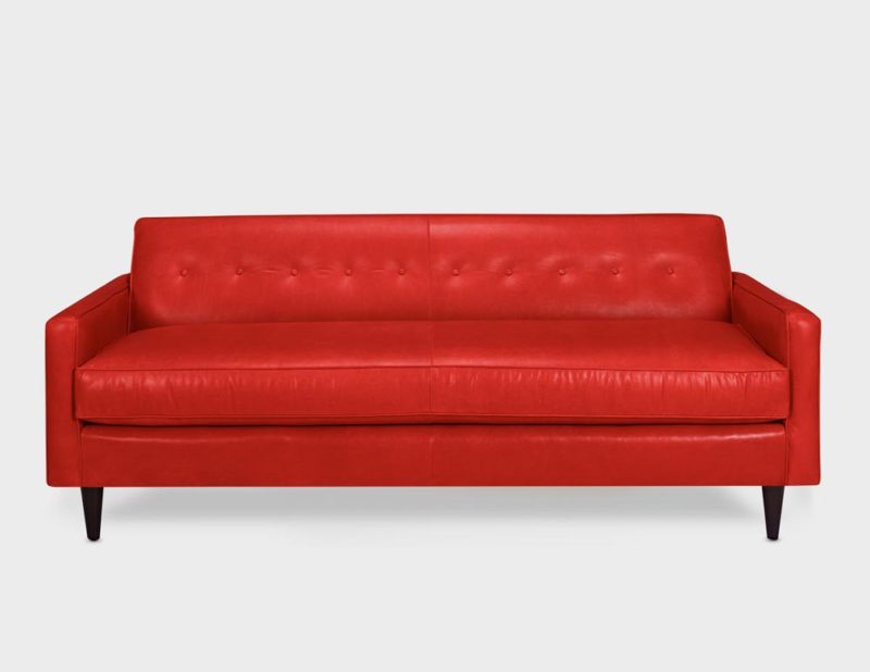 Jack Tight Back Red Leather Mid-Century Low Profile Knoll Style Sofa In Mont Blanc Crimson