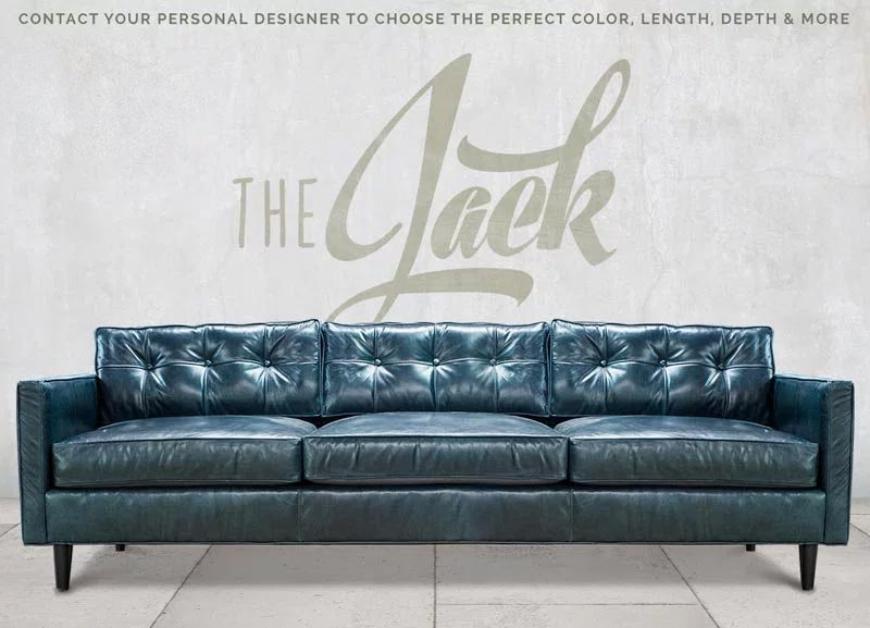 Jack Blue Leather Mid-Century Low Profile Knoll Style Sofa