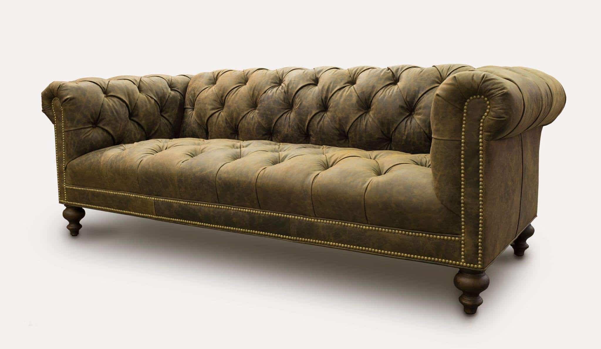 Wright Tufted-Seat Chesterfield Sofa in Vintage Brown Leather