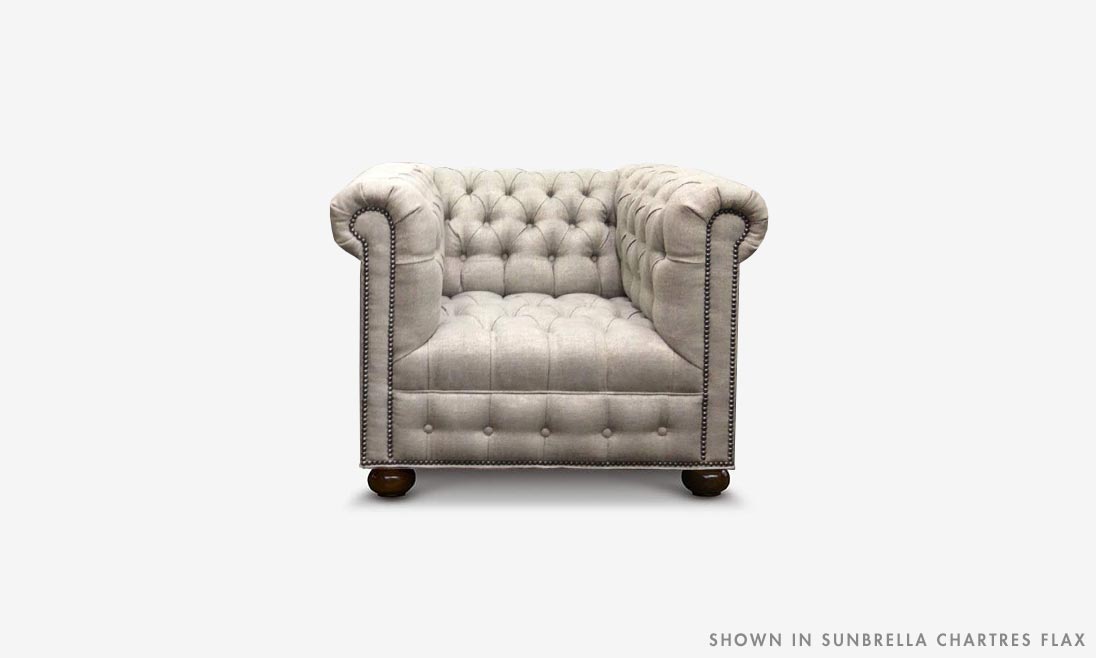 of Iron and Oak Hepburn Tufted Chesterfield Chair in Sunbrella Chartres Flax Fabric