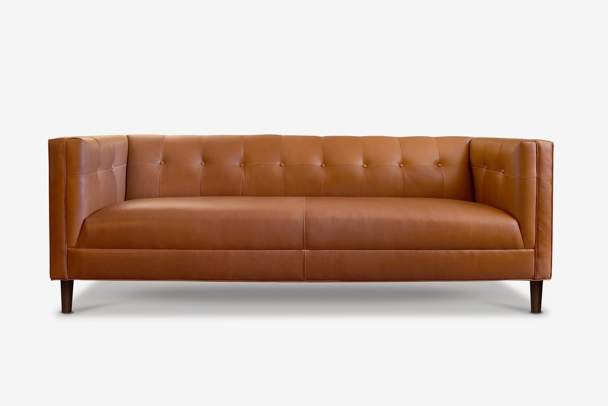 Holiday Mid-Century Tuxedo Sofa in Brown Leather