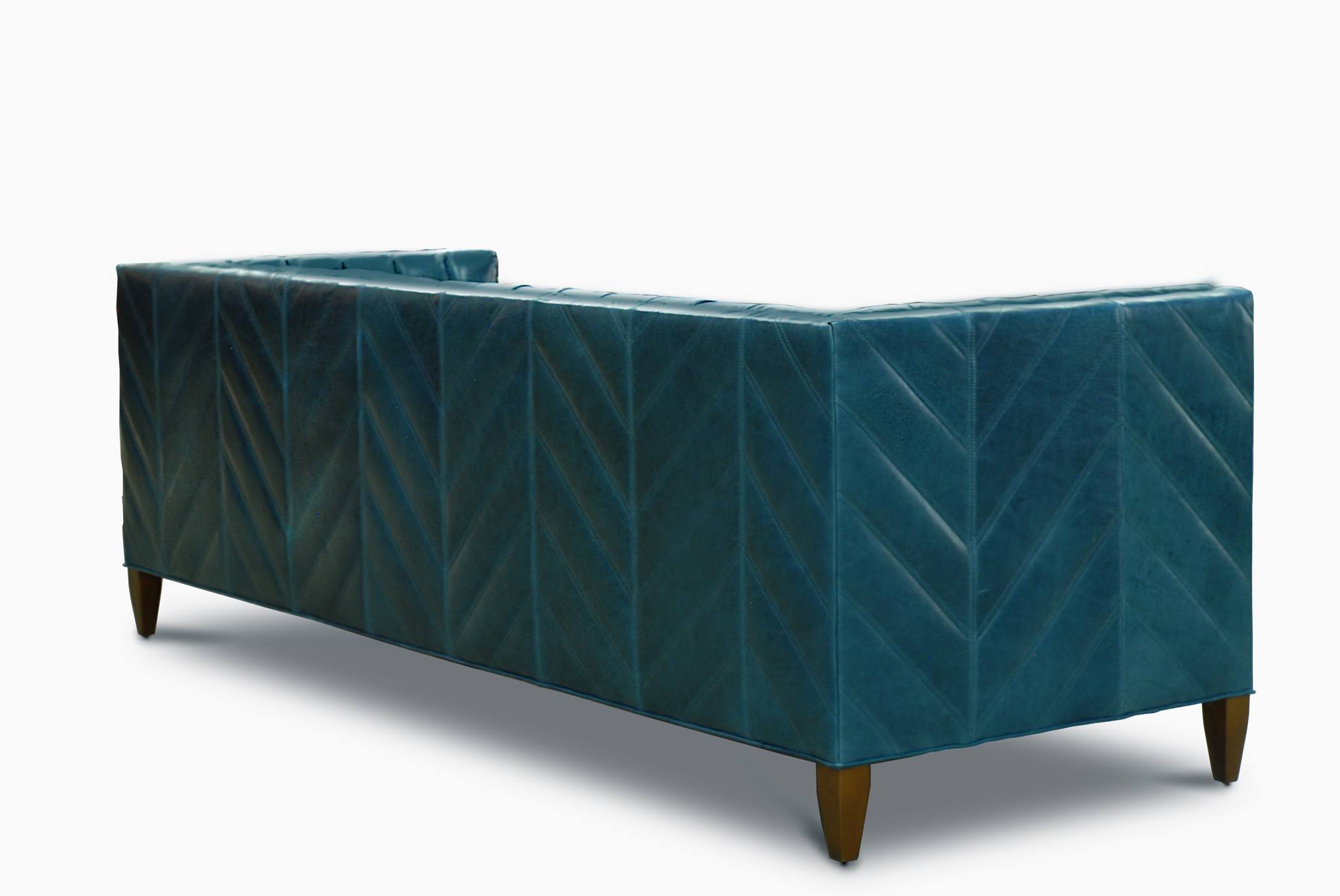 Cyan Leather Vertical Channel Tufted Mid-Century Lambert Sofa