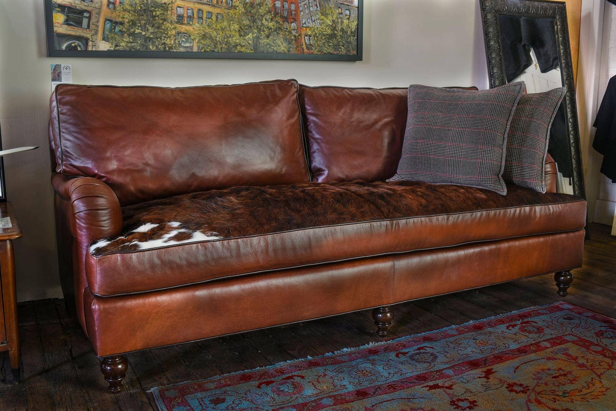 The Hitchcock English Roll Arm Sofa in Brompton Brown Leather and Real Hair-on-Hide Bench Cushion