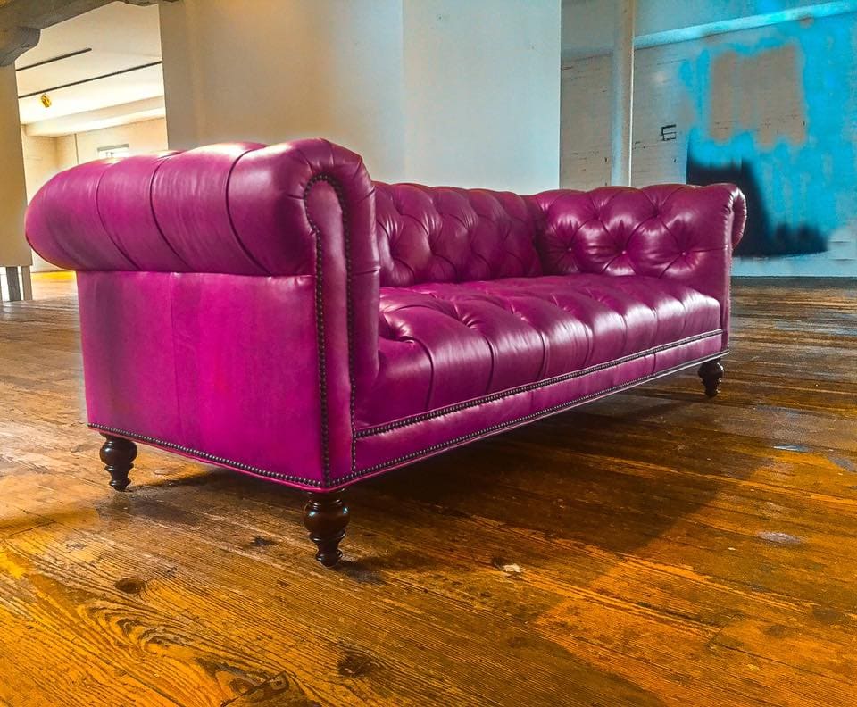 Fuchsia Leather Tufted Seat Chesterfield Sofa