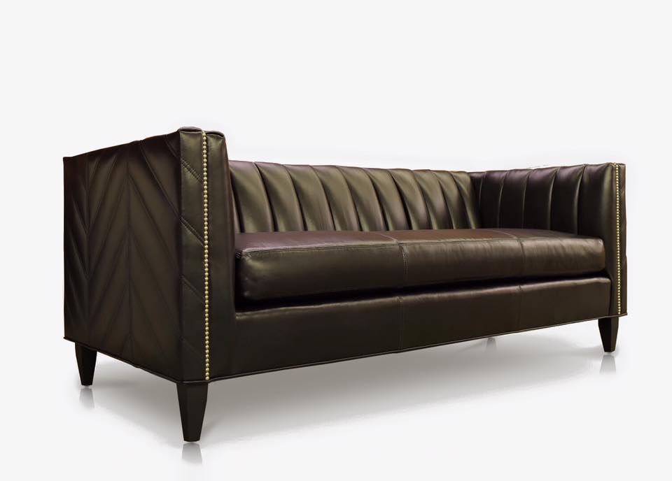 Channel Tufted Mid-Century Sectional Lambert Sofa in Black Leather