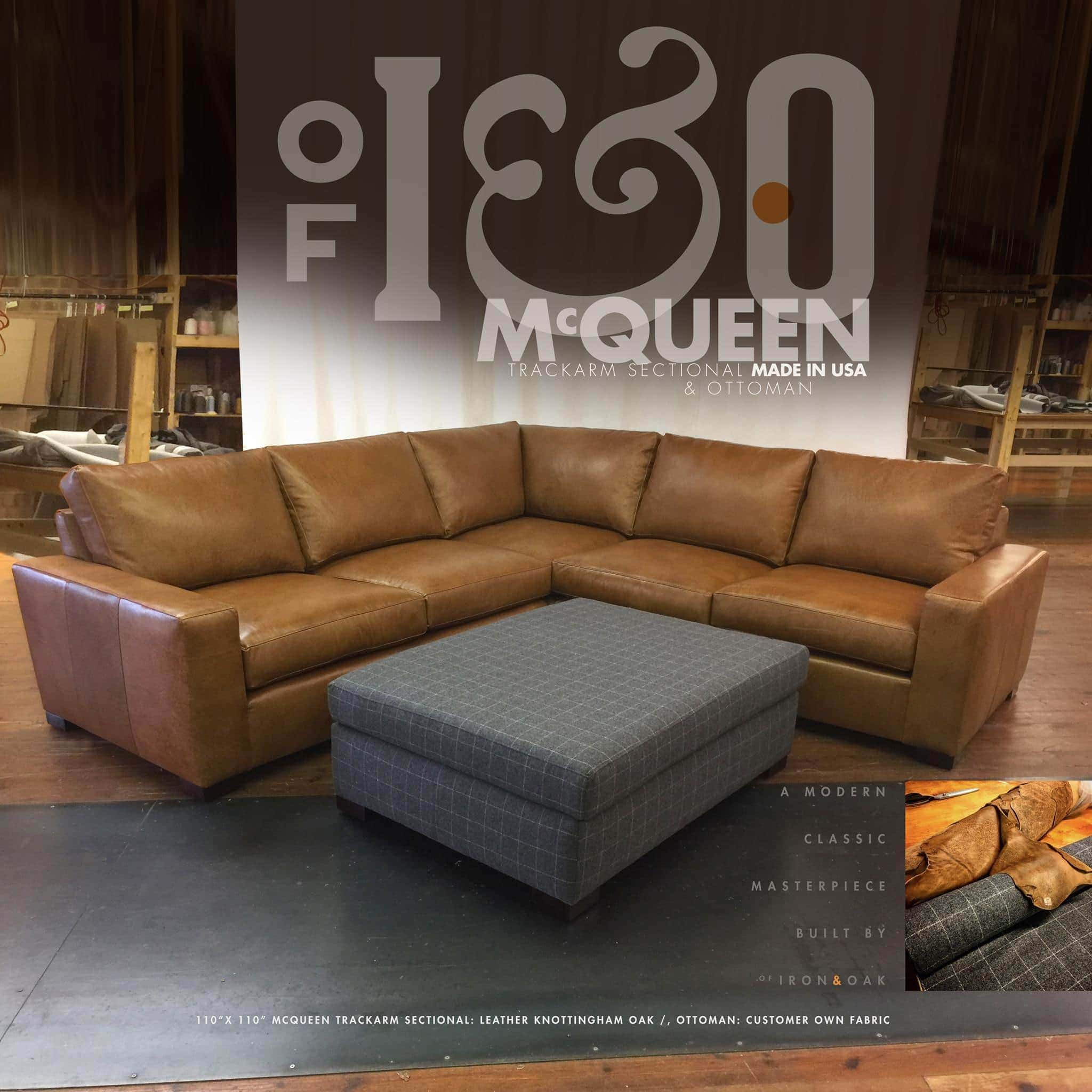 McQueen Track Arm Sectional & Ottoman in Knottingham Oak Leather and Plaid Wool Fabric