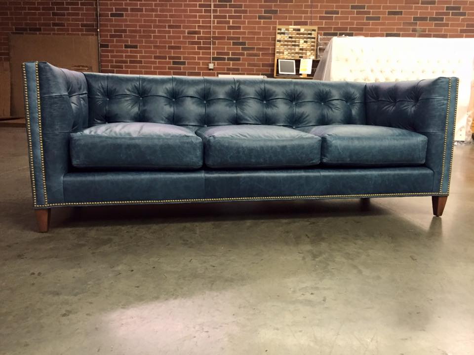 Beautiful Custom Built Dylan Square Tufted Mid-Century Sofa in Navy Leather