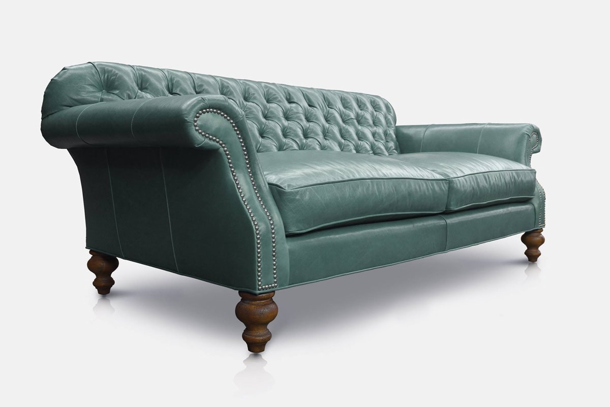 Whitman Pub Style Pale Green Leather Chesterfield Sofa