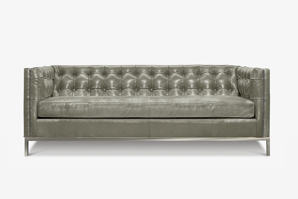 Dylan Mid-Century Sofa in Gray Leather on Stainless Steel Legs