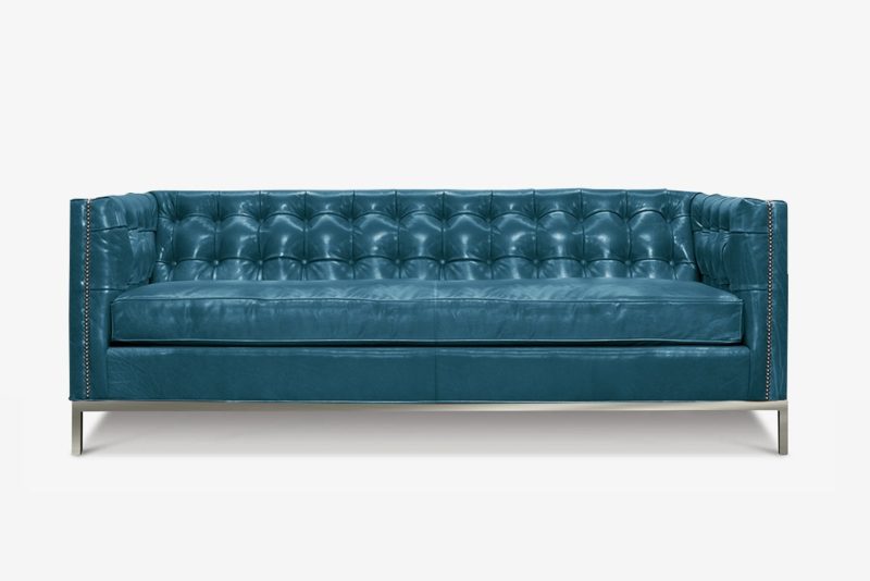 Dylan Mid-Century Sofa In Navy Leather On Stainless Steel Legs