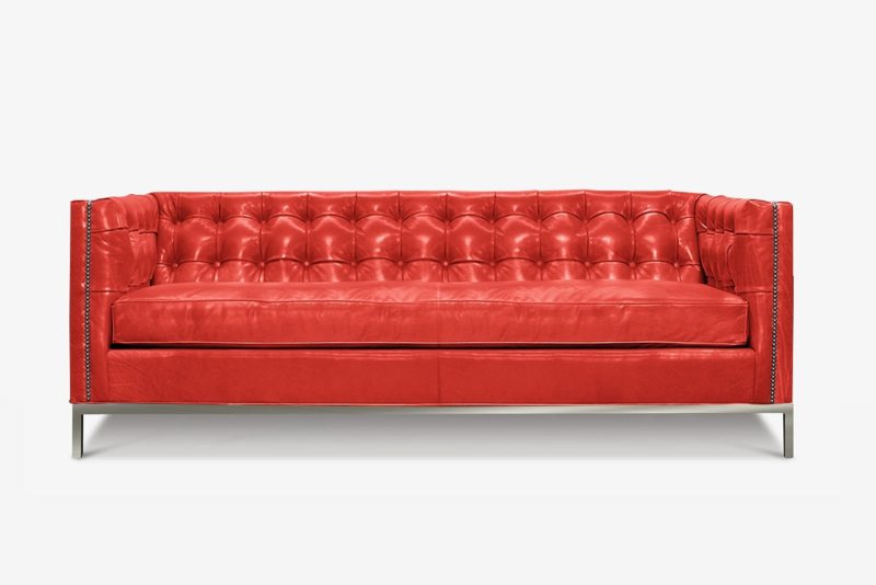 Dylan Mid-Century Sofa In Red Leather On Stainless Steel Legs