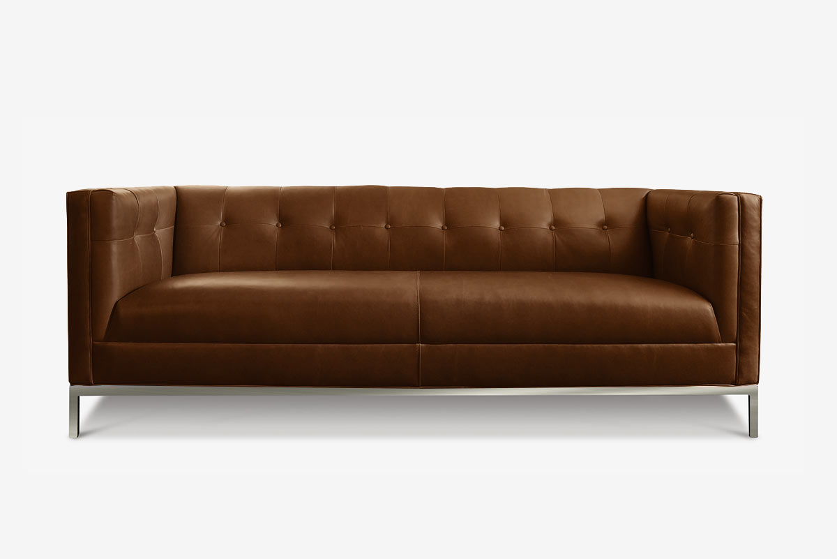 Holiday Mid-Century Sofa in Chocolate Leather with Steel Legs