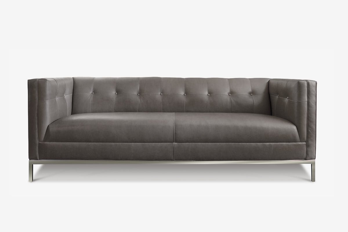 HolidayMid-Century Gray Leather Sofa with Stainless Steel Legs