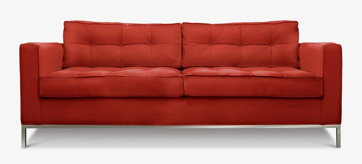 Jack Mid-Century Sofa Cherry Red Leather on Stainless Steel Legs