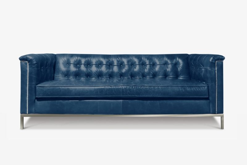 Neil Mid-Century Sofa In Navy Leather Shown With Optional Square Tufting & Stainless Steel Legs