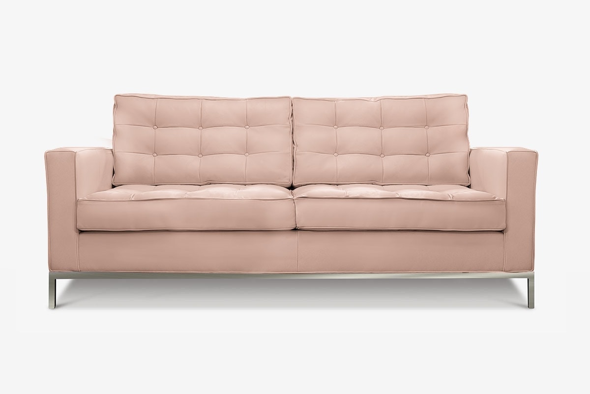 Redding Mid-Century Sofa in Pink Leather on Stainless Steel Legs