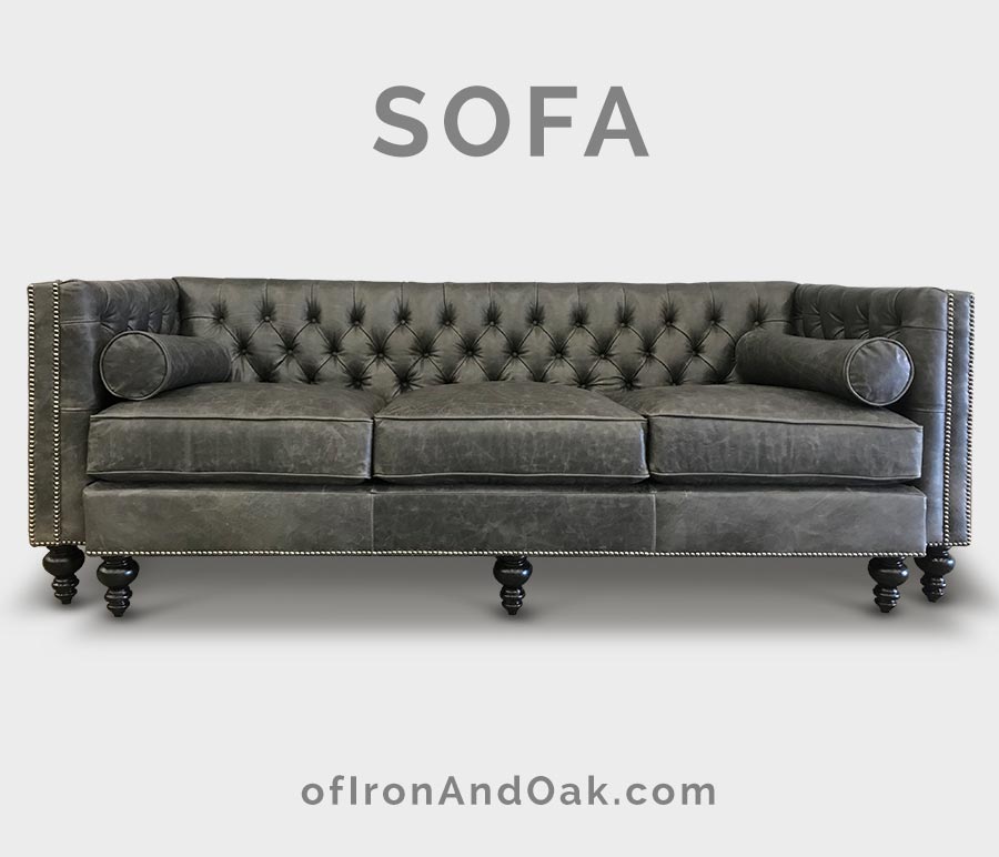 Chip Tufted Tuxedo Sofa in Pewter Gray Leather