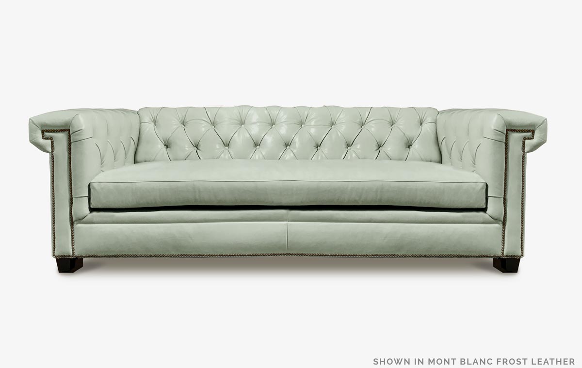 The Lewis: a Modern Chesterfield Loveseat in Mont Blanc Frost Leather