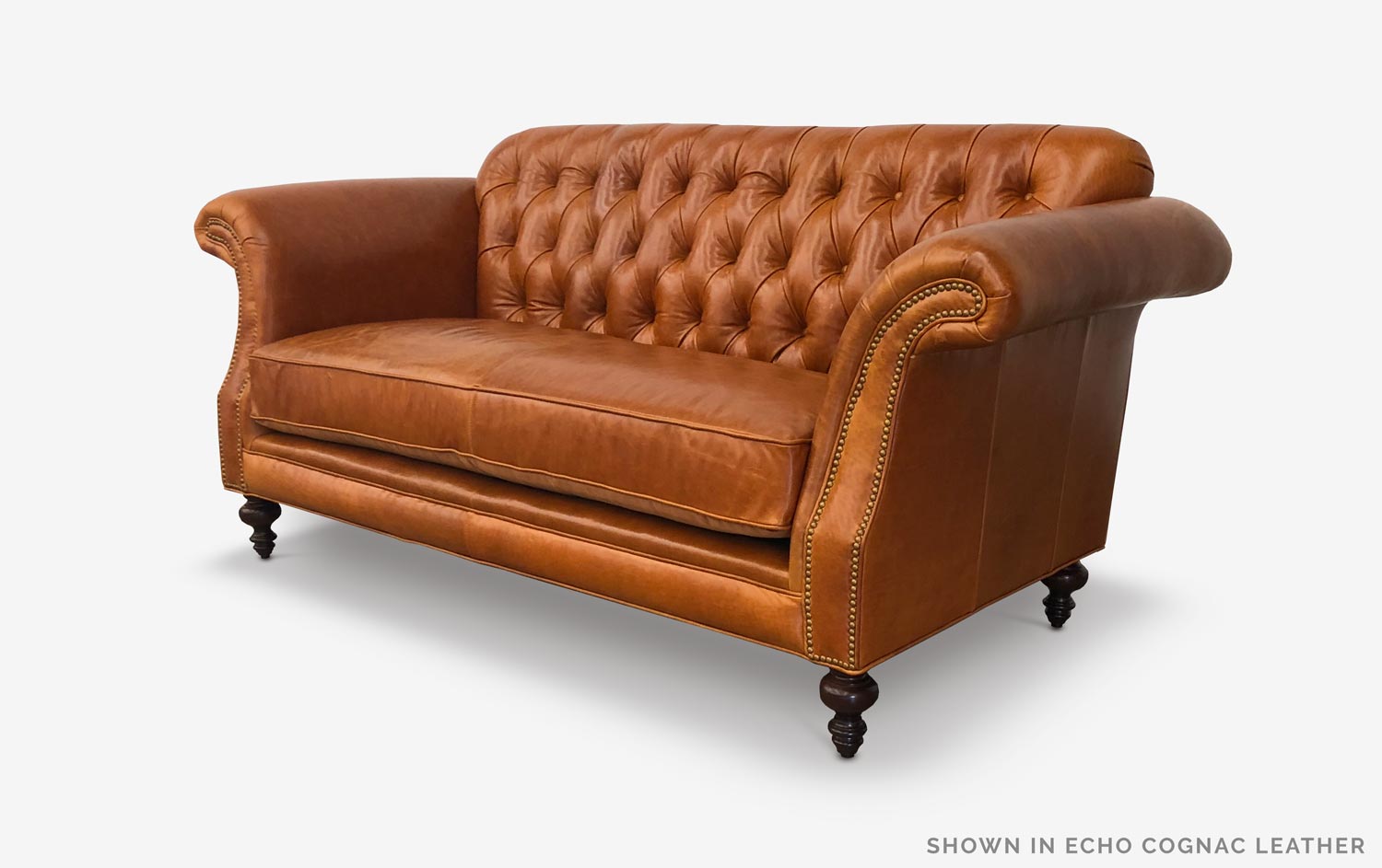 The Riley: High Back Scroll Arm Tufted Chesterfield Love Seat in Echo Cognac Leather