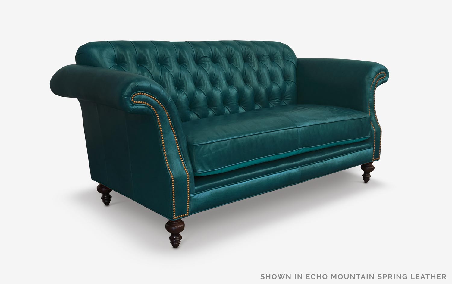 The Riley: High Back Scroll Arm Tufted Chesterfield Love Seat in Echo Mountain Spring Leather