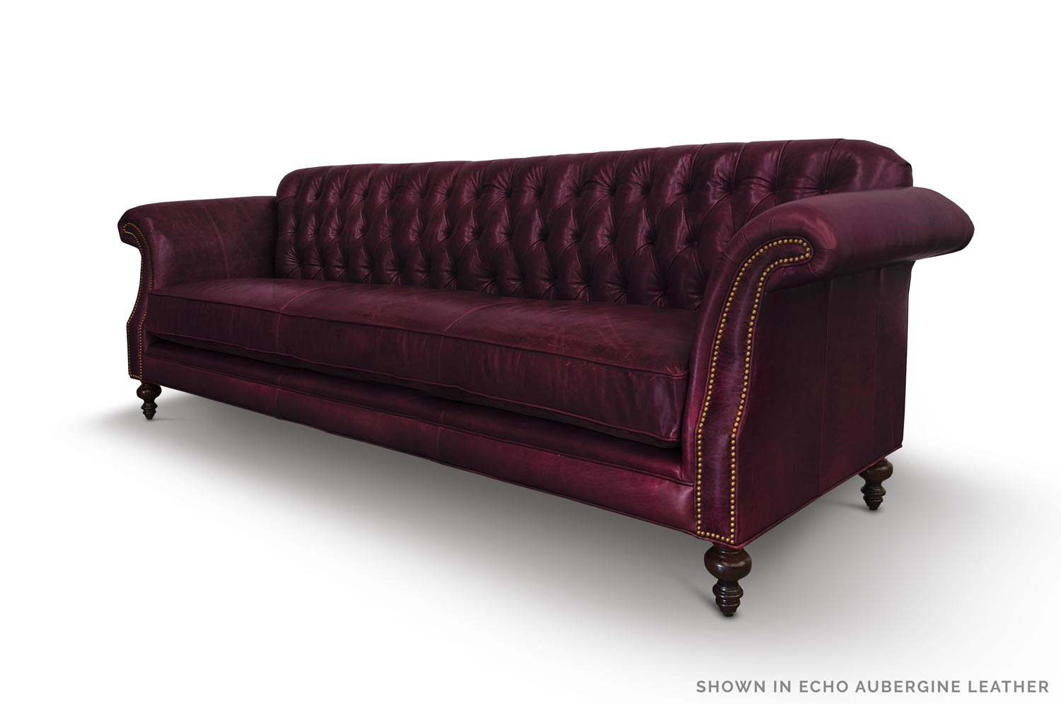 The Riley: High Back Scroll Arm Tufted Chesterfield Sofa in Echo Aubergine Leather