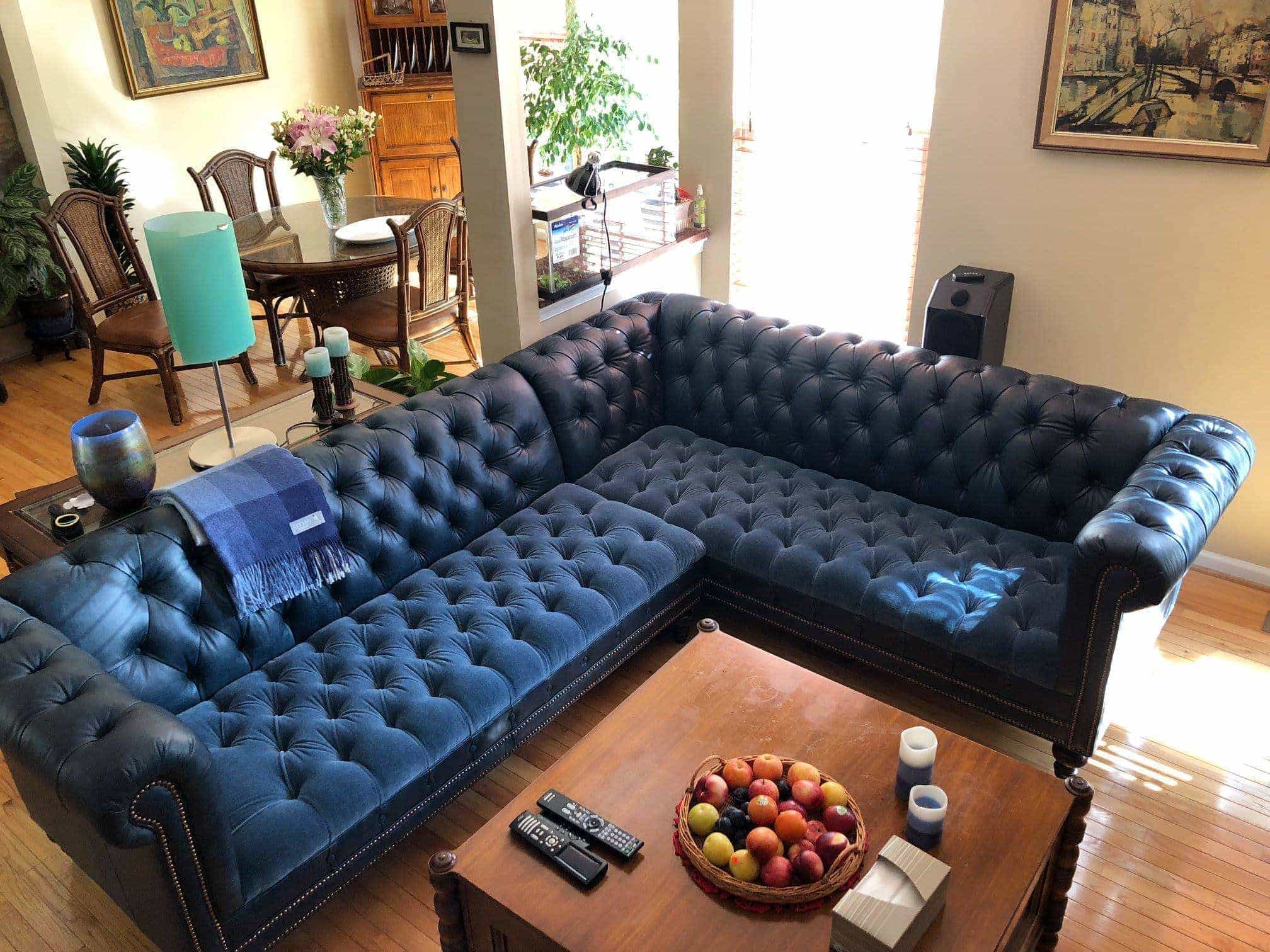 Custom navy blue velvet & leather Chesterfield sofa with ...