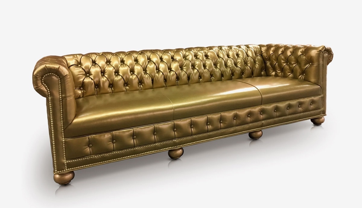 Custom Designed Metalic Gold Leather Bench Seat Chesterfield Sofa