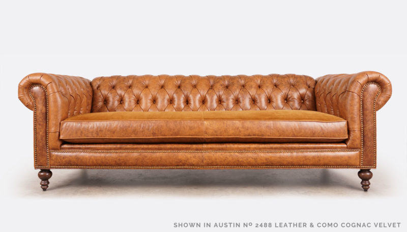 Fitzgerald Austin 2488 Brown Leather Como Cognac Velvet Chesterfield Sofa