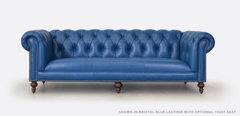 Fitzgerald Bristol Blue Leather Tight Seat Chesterfield Sofa