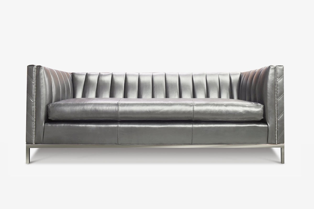 Lambert Mid-Century Channel Tufted Tuxedo Sofa in Silver Grey Leather with Bench Seat Cushion