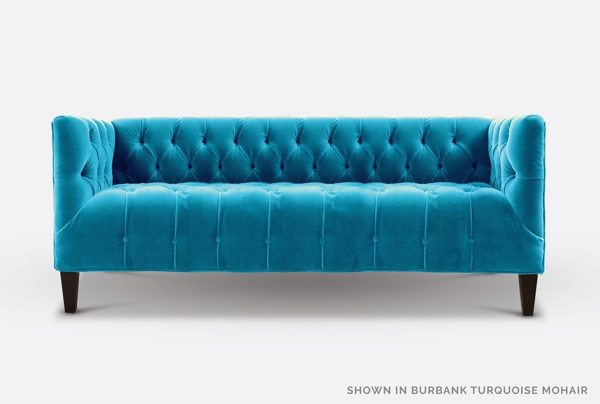 Harris Diamond Tufted Midcentury Sofa in Burbanks Turquoise Mohair