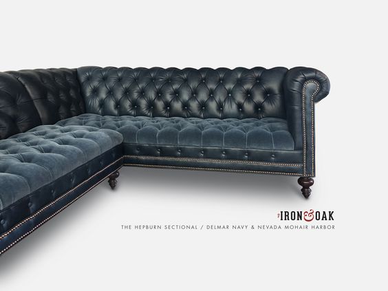Navy Blue Chesterfield Sectional Sofa with Blue Velvet Tufted Seat