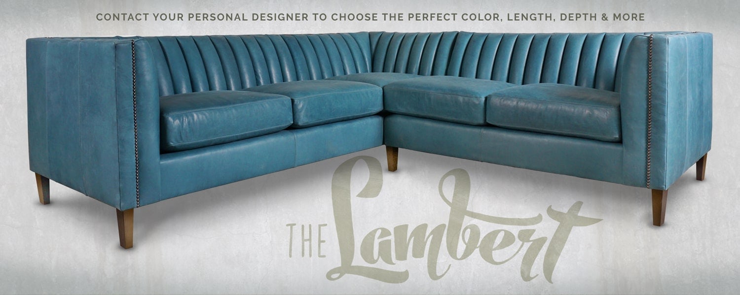 The Lambert Baby Blue Channel Tufted Leather Mid-Century Tuxedo Sectional Sofa