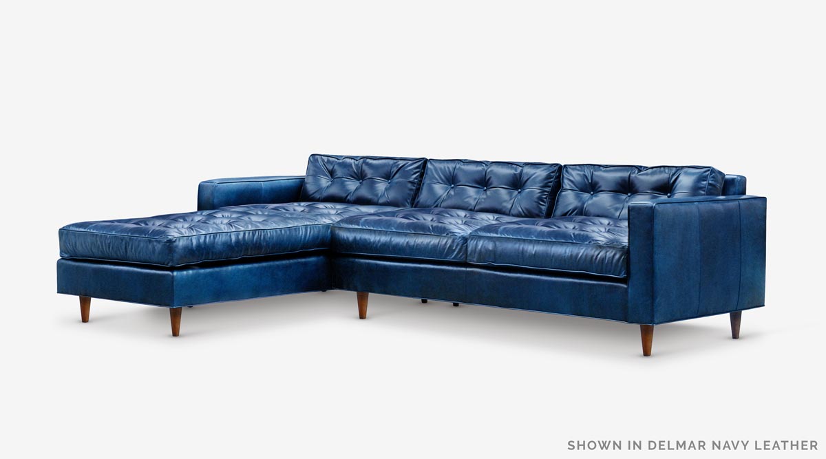 Nicholson Mid-Century Roll Arm Chaise Sectional in Delmar Navy Leather