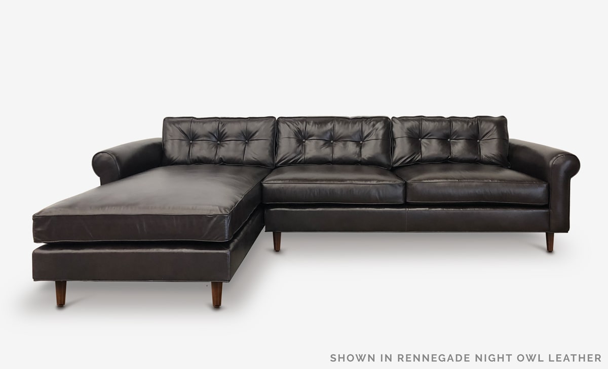 Nicholson Mid-Century Low Profile Sectional Chaise Sofa in Renegade Night Owl Black Leather