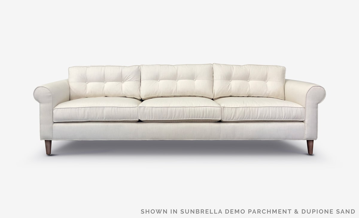 Nicholson Mid-Century Low Profile Sectional Chaise Sofa in Sunbrella Demo Parchment and Dupione Sand